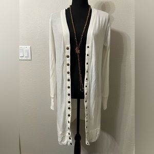 Long/Knee Length, Long Sleeve White Cardigan Sweater with Buttons